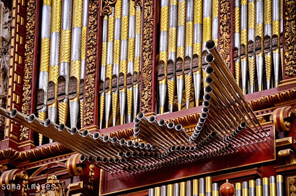 Faces on pipe organ, Mezquita de Córdoba, Cordoba, Spain